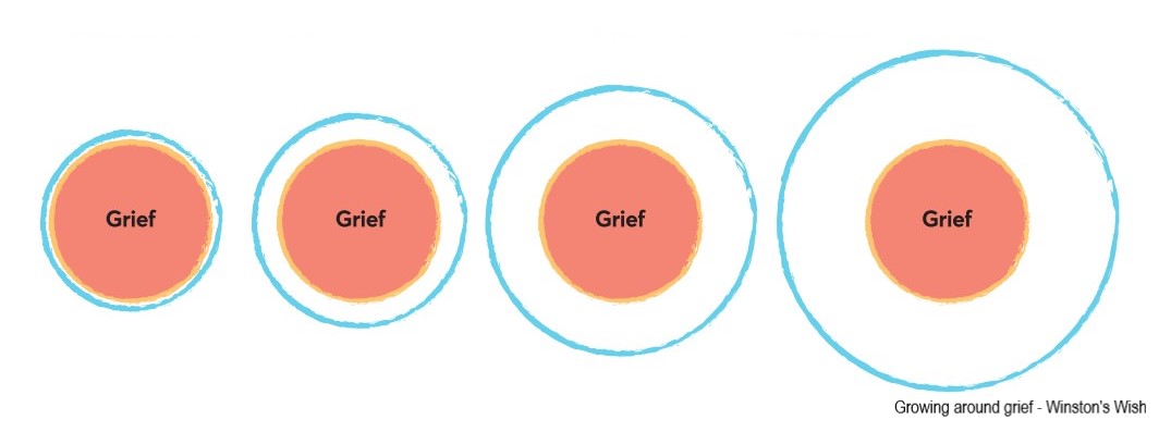 Grief illustrated as circles with the grief circle staying the same size but the circles around it getting bigger