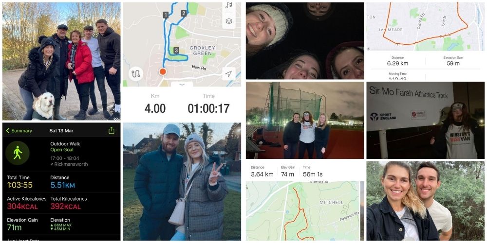 Montage of images of families walking and screen shots showing their walk maps and distances on mobile phones