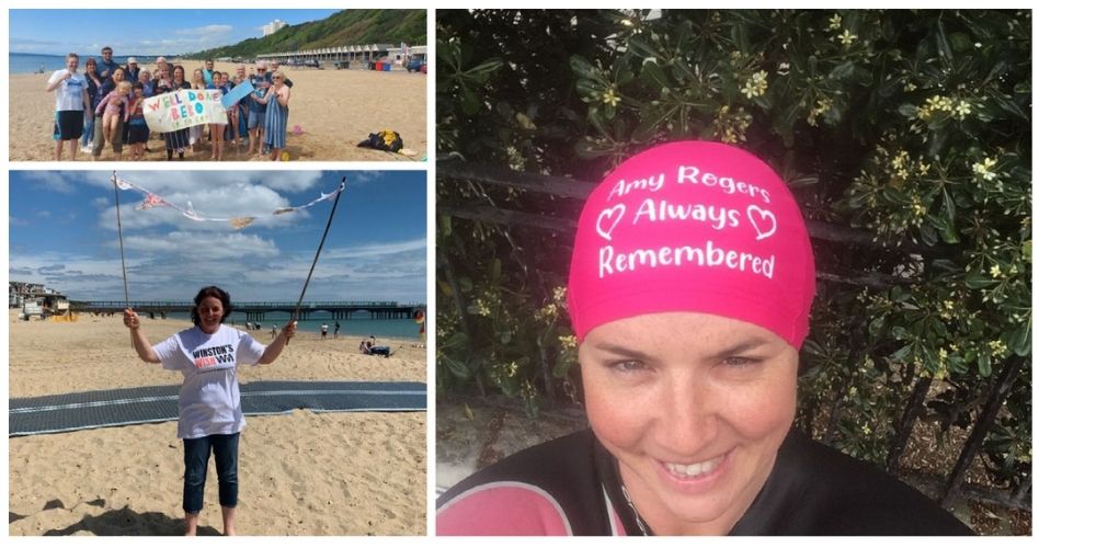 3 photos of Katherine Kay completing her swim challenge in memory of best friend Amy, 1 group shot of her friends and family, one of her wearing a pink swimming hat and one with a sign saying well done