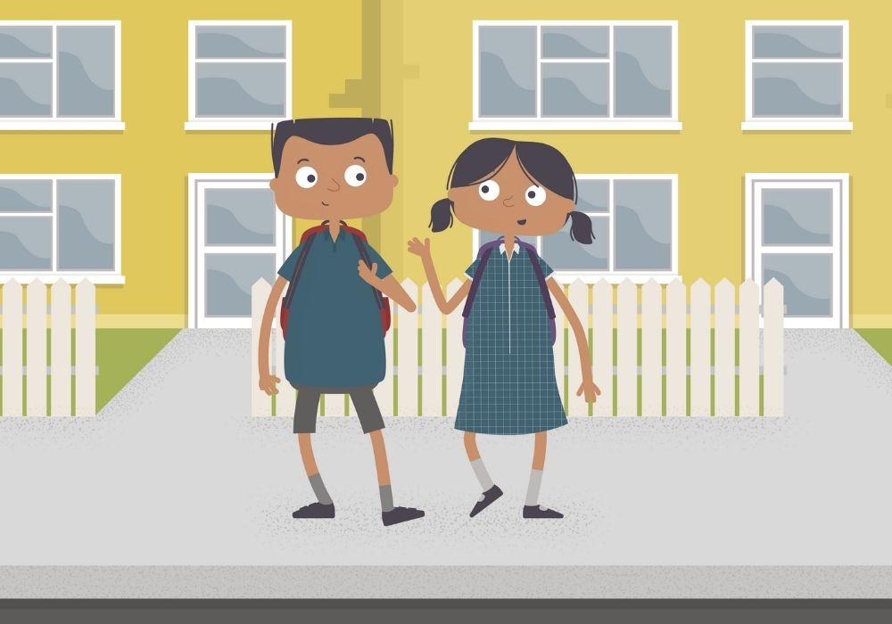 Animated boy and girl with dark brown hair ingrey school uniform talking outside yellow building