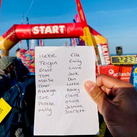 Paper with a list of names held in front of the start line