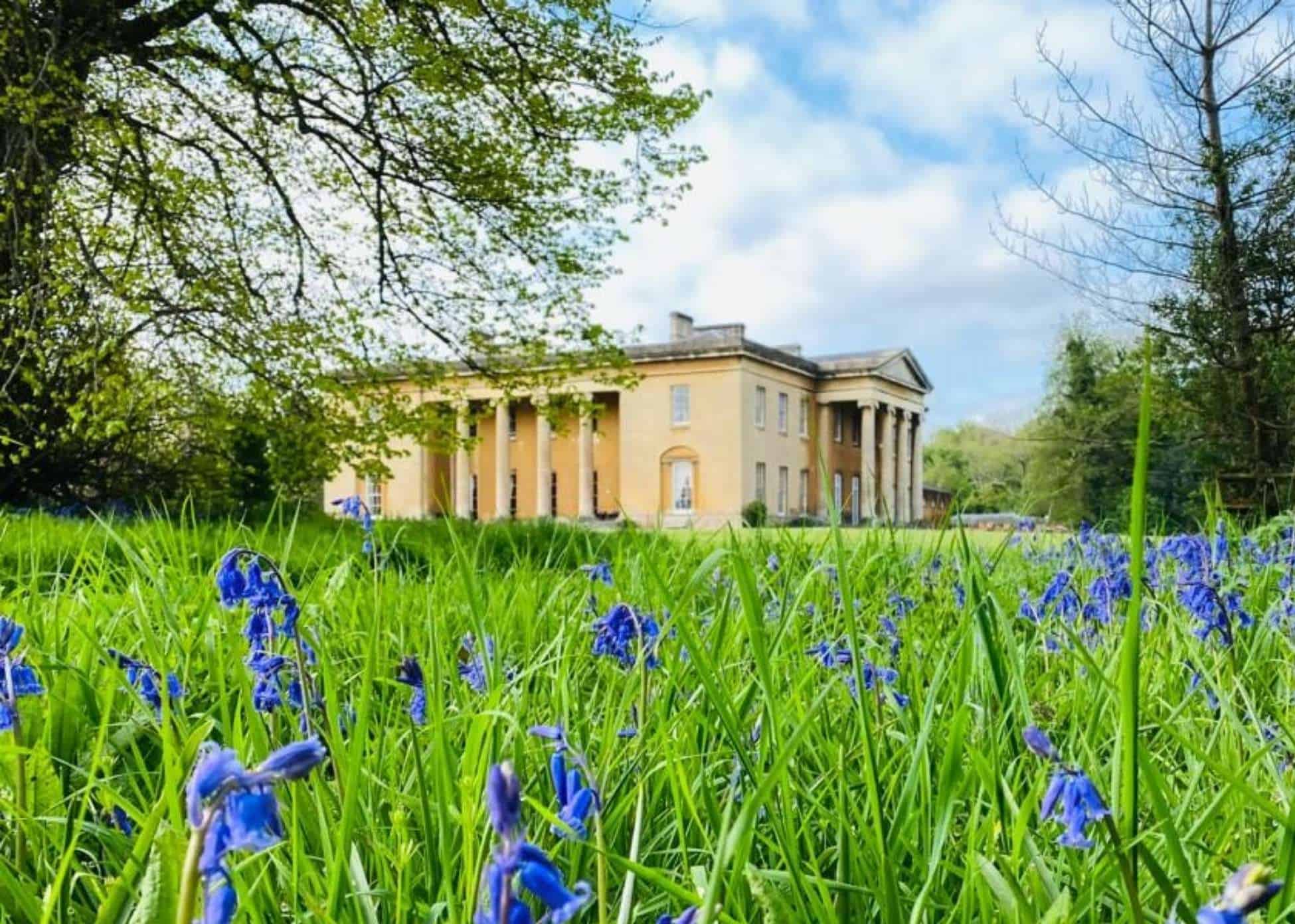 Leigh Court, a stately home, with bluebells and grass in the foreground