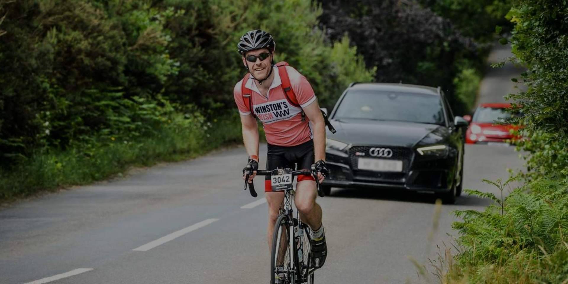 Cyclist in Winston's Wish top doing London to Brighton Cycle
