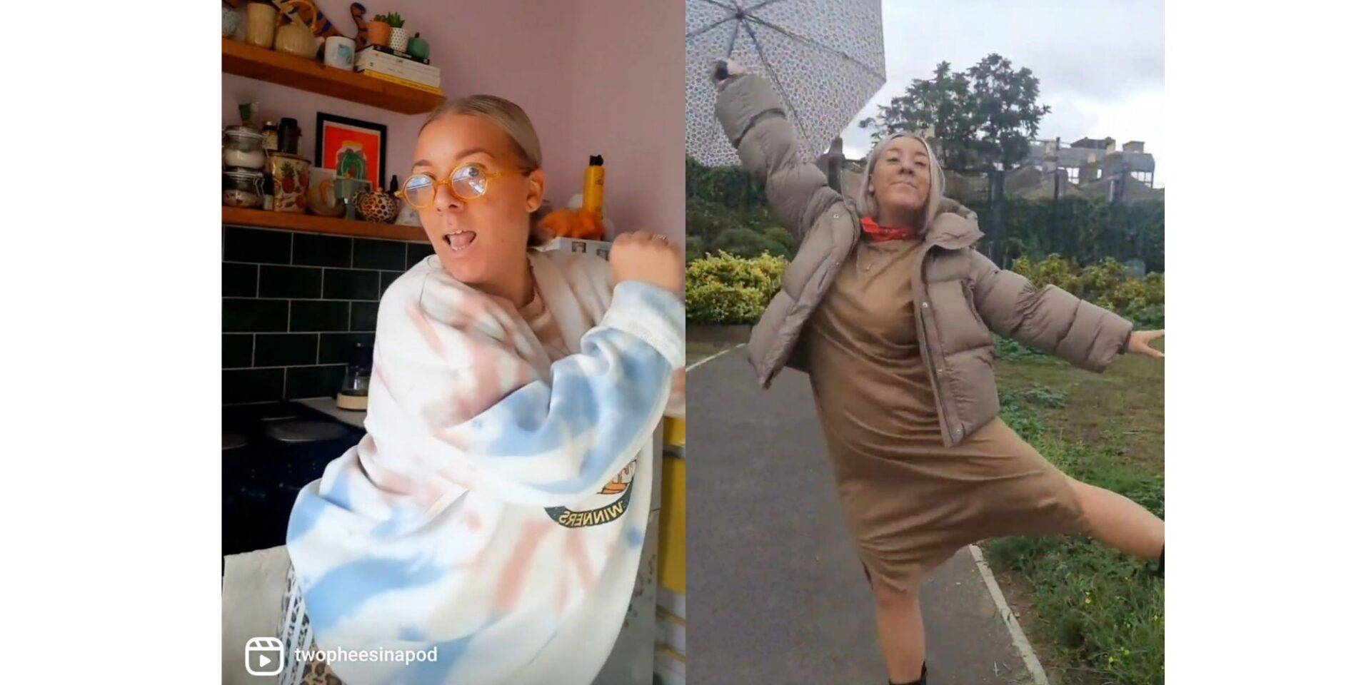 two photos side by side of the same woman dancing, one inside and one outside holding an umbrella