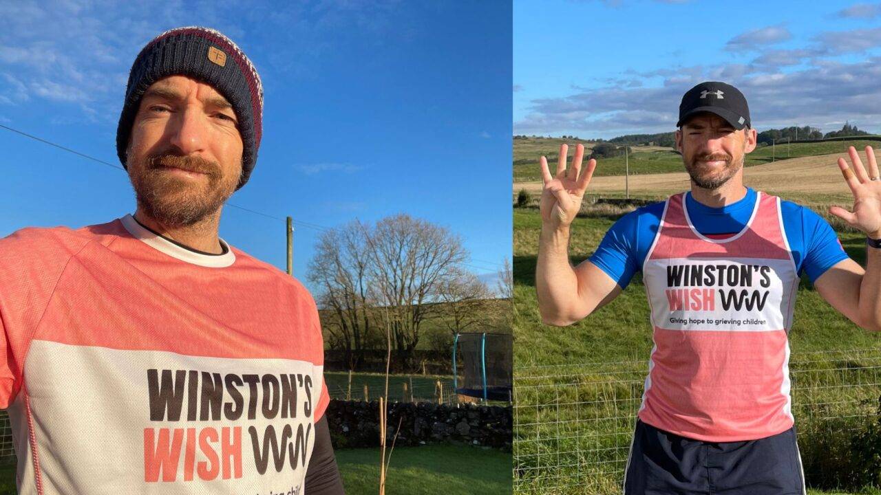 2 photos side by side of man wearing winston's wish running t-short and vest, first is a selfie and second he is holding up hands to show 9 fingers
