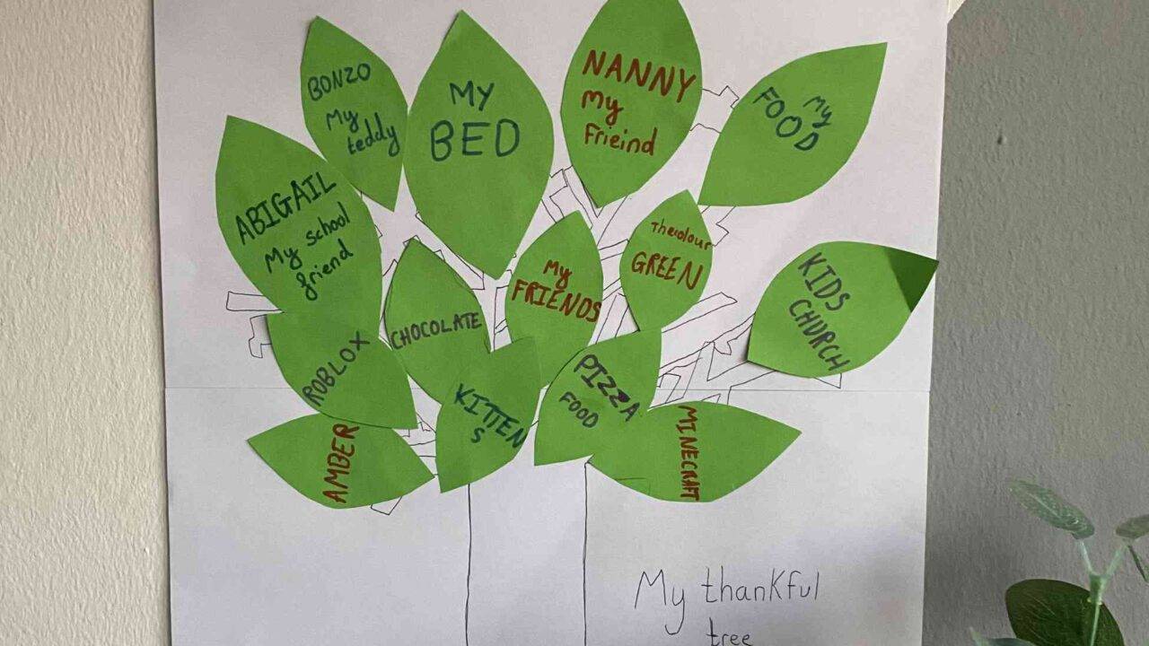 Thankful tree activity - Photo of a hand drawn tree with green leaves with writing on
