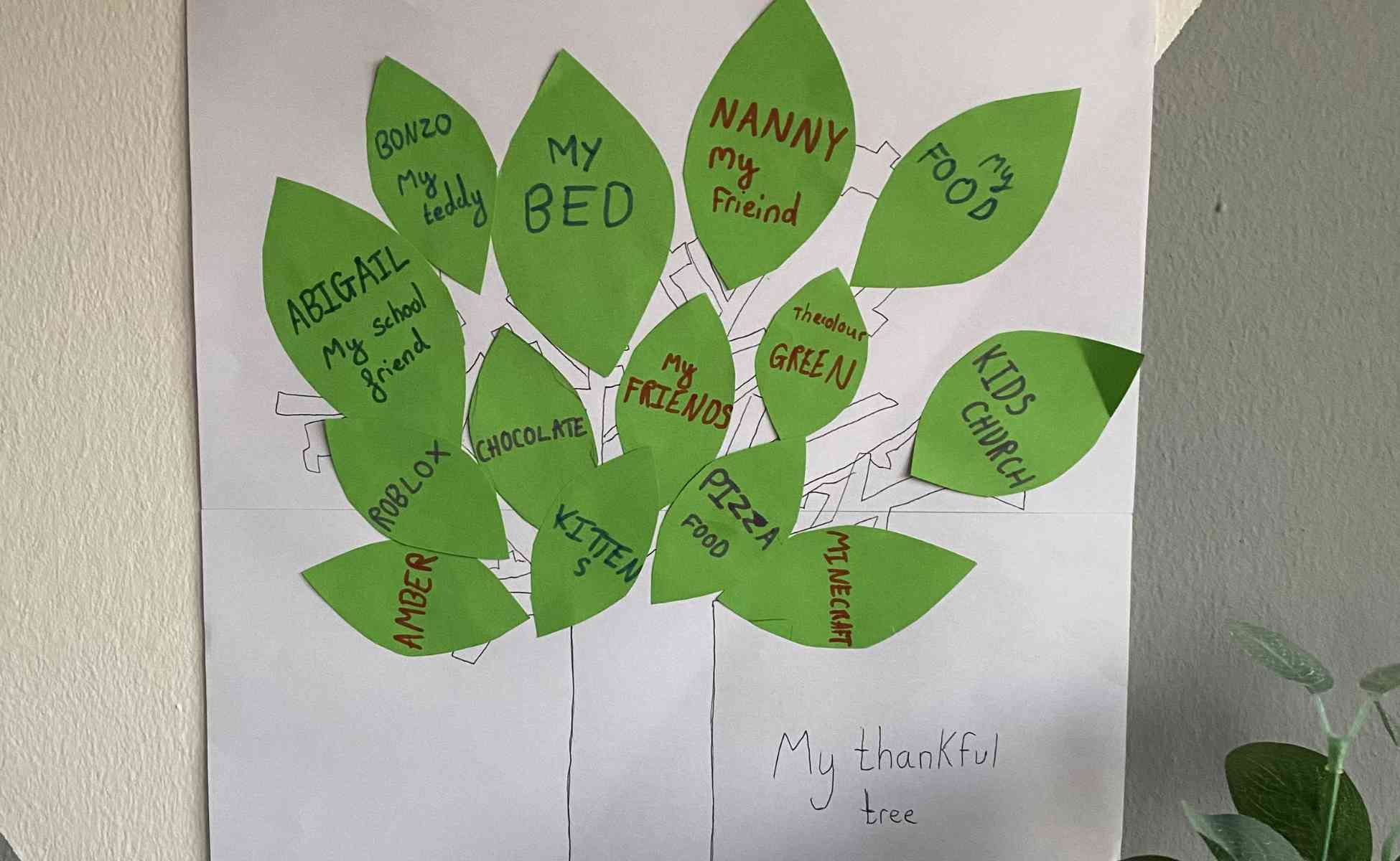 Thankful tree activity - Photo of a hand drawn tree with green leaves with writing on