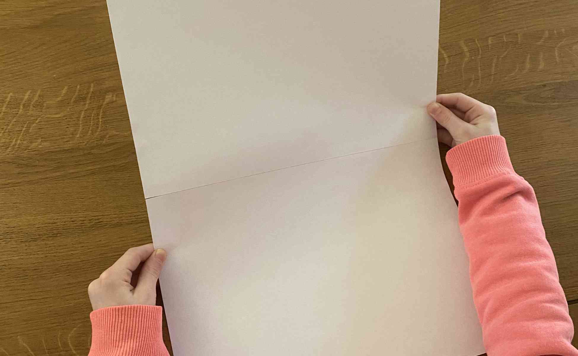 Photo of a child's hand holding two sheets of white paper stuck together - Thankful tree activity, step 1