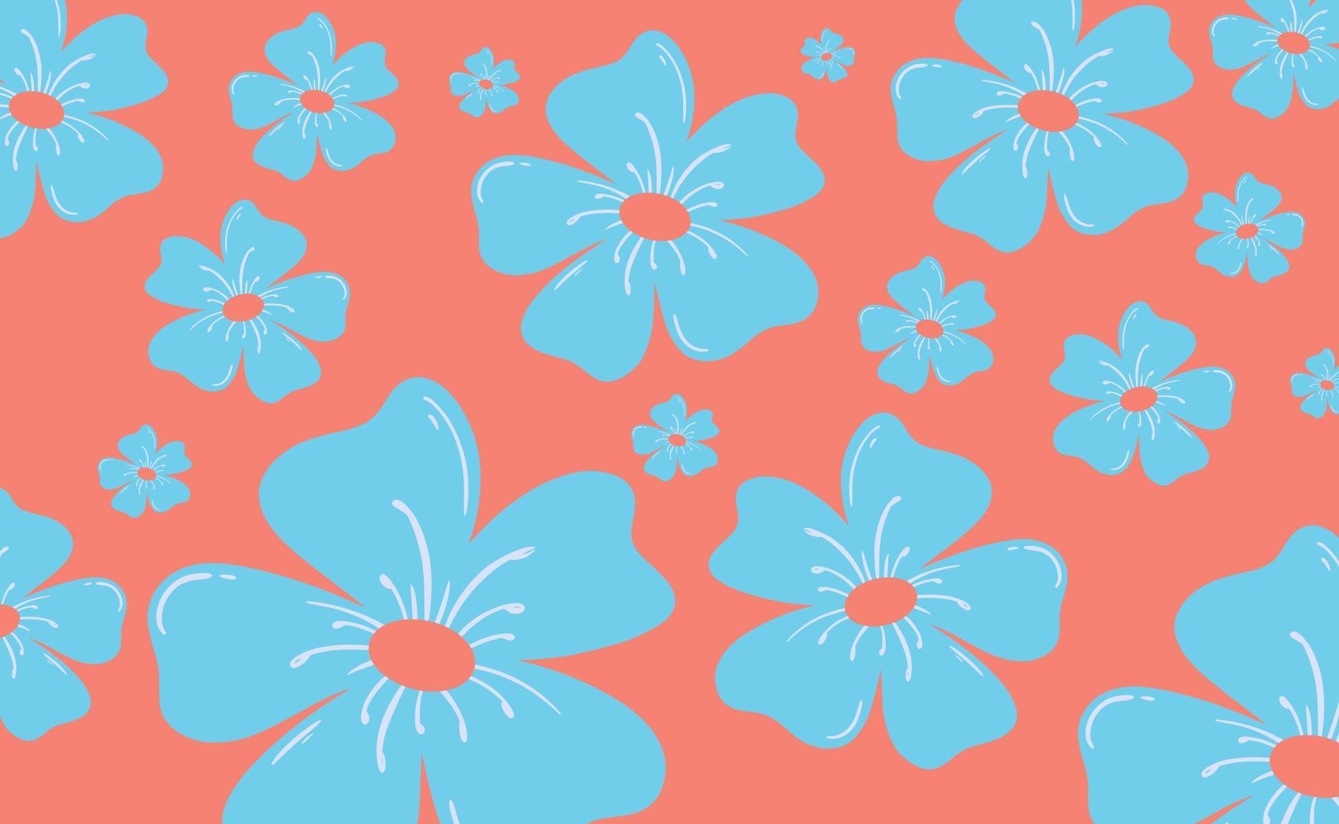 Coral background with blue flower illustrations
