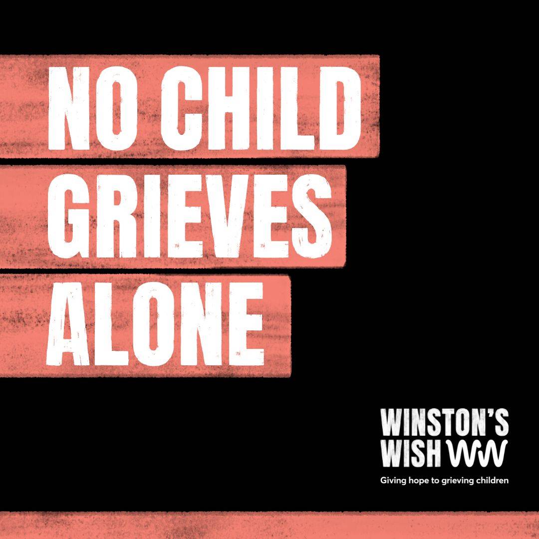 No child grieves alone written on a black background with the Winton's Wish logo in the corner