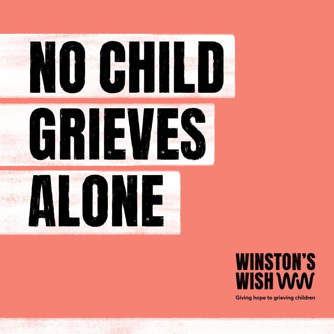 No child grieves alone written on a coral background with the Winton's Wish logo in the corner