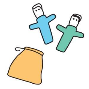 Illustration of two worry dolls and a pouch