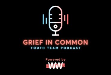 Grief in Common podcast logo. Illustration of a radio microphone on a black background. Text reads Grief in Common, Youth Team podcast, powered by Winston's Wish