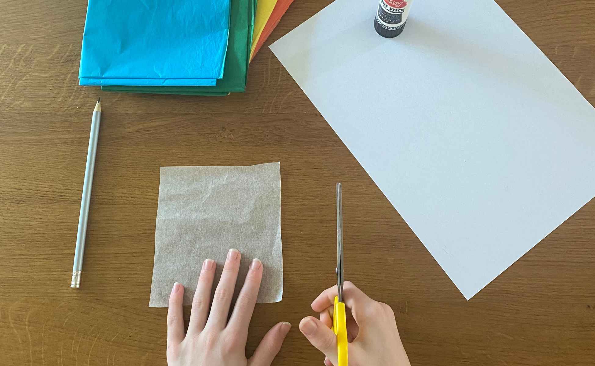 A child's hands cutting a square of greaseproof paper - step 1 of window art activity
