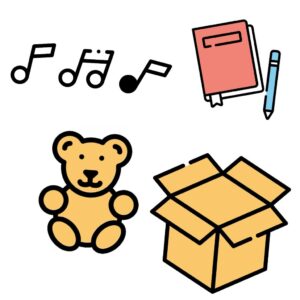 Illustrations of a box, teddy, journal and music notes - box of requirement activity - Winston's Wish