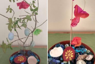 Two images of a plotted indoor plant, decorated with eggs and painted rocks